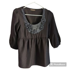 Miss Me Women's S Dark Brown Blouse Puff Sleeves Babydoll Hem Scoopneck